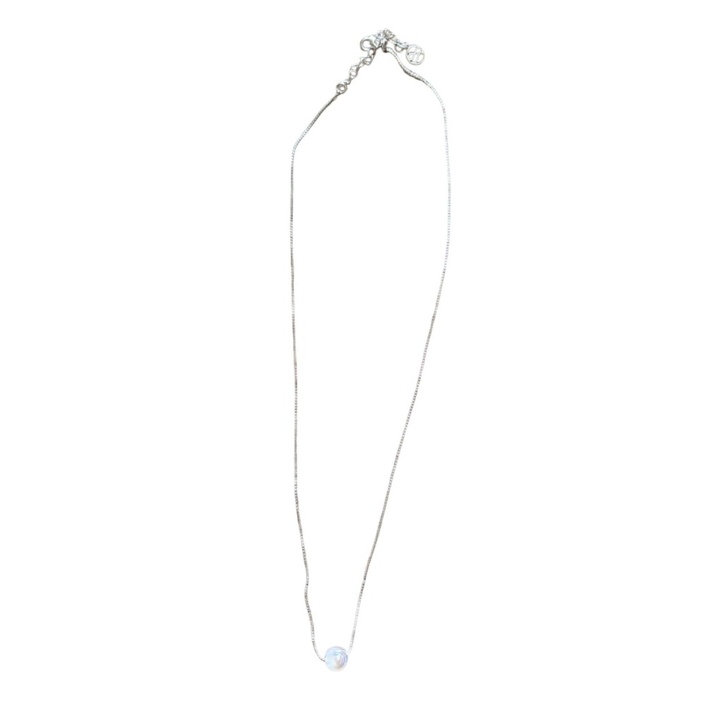 Silver Tone Box Chain Necklace with Iridescent Opalite Bead Pendant Minimalist‎